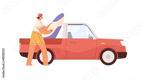Person loading surfboard to pickup car for summer vacation on sea beach. Happy man preparing for summertime holiday travel, going to seaside. Flat vector illustration isolated on white background