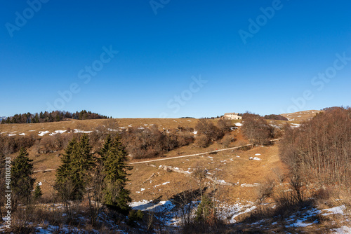 Winter landscape of Lessinia Plateau Regional Natural Park with brown pastures, beeches and pines tree and an old farmhouse. Bosco Chiesanuova municipality, Verona Province, Veneto, Italy, Europe.