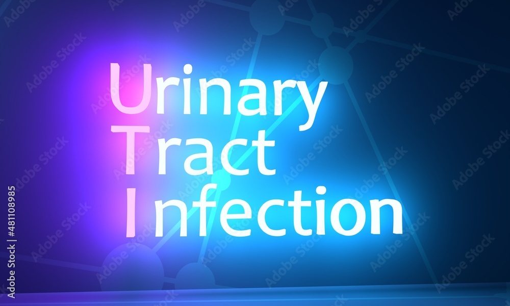 UTI mean Urinary Tract Infection medical acronym. Neon shine text. 3D