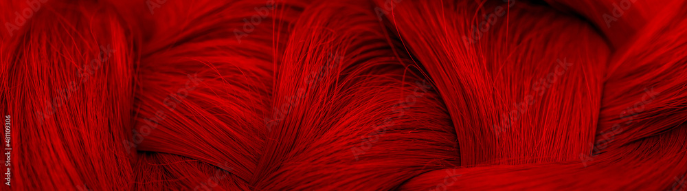 Fototapeta premium Red-haired Beautifully laid braid carroty curls.Female long red hair close-up as a background. Hair care shampoo and balsam for colored hair. Hairdressing procedures. Copy space with space for text.