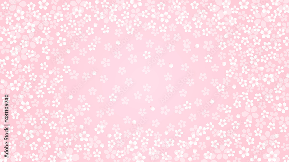 小桜模様のピンク色の背景素材　ベクターイラスト　16:9