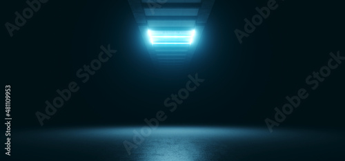 Fototapeta Naklejka Na Ścianę i Meble -  Modern Empty Clean Grunge Dark Concrete Cement Warehouse Tunnel Room Podium Light Blue Glow Laser Spaceship Background 3D Rendering