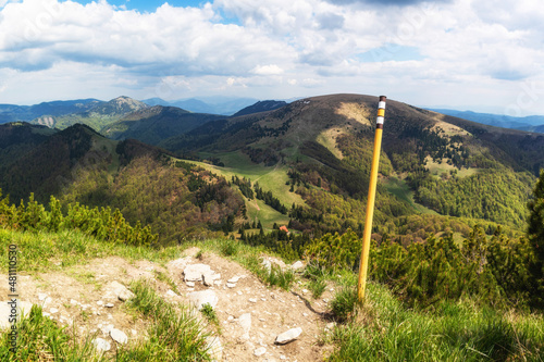 Tourist Sign on the top of the Borisov Mountain in Great Fatra (Slovak: Velka Fatra) Mountain Range, Slovakia photo