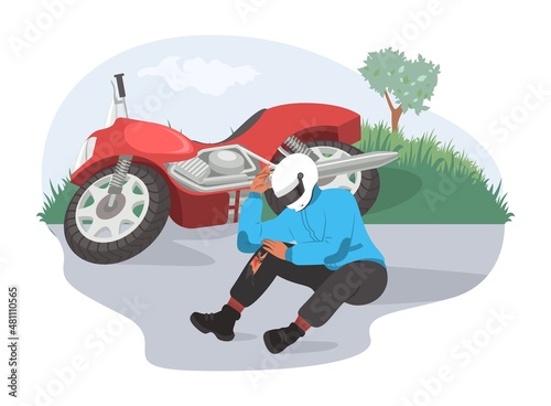 Motorcycle accident, flat vector illustration. Injured motorcyclist sitting on the road next to his damaged motorbike.