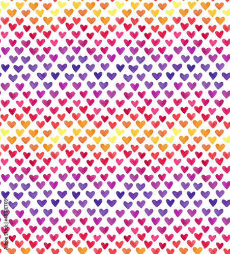 Watercolor pattern of multicolored hearts creates a gradient effect. 