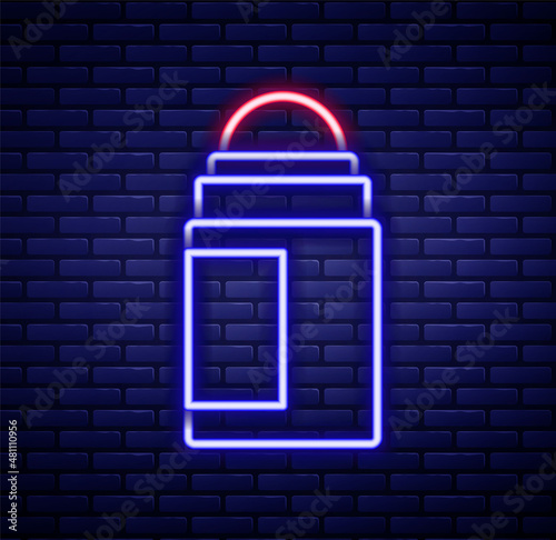 Glowing neon line Antiperspirant deodorant roll icon isolated on brick wall background. Cosmetic for body hygiene. Colorful outline concept. Vector