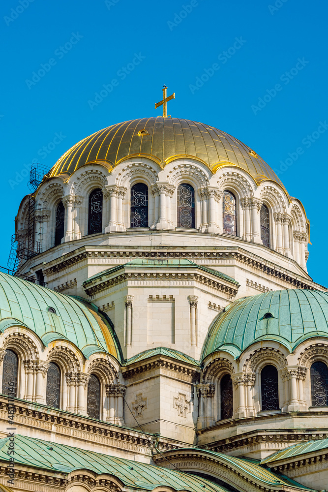 Facade and domes, St Alexander Nevsky Cathedral, close up view of the golden dome of the church, Sofia, Bulgaria.