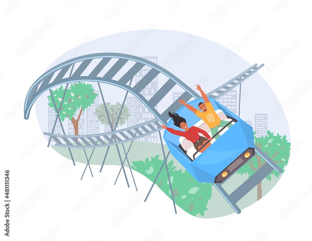 Obraz premium People riding roller coaster, vector illustration. Fairground amusement park attraction. Entertainment, leisure activity
