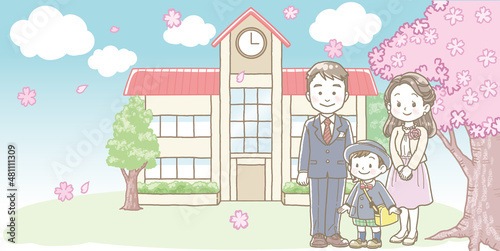 幼稚園の入園式のイラスト　男の子と両親