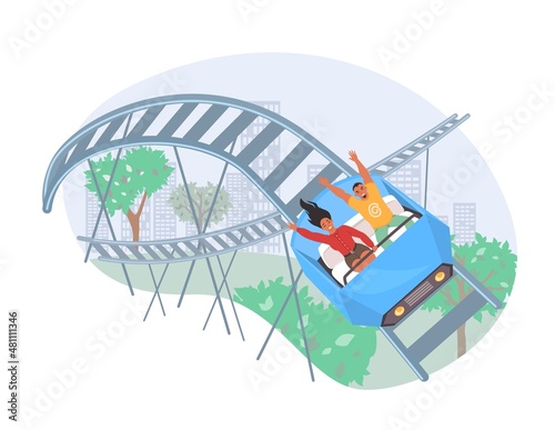 People riding roller coaster, vector illustration. Fairground amusement park attraction. Entertainment, leisure activity © Siberian Art