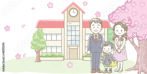 幼稚園の入園式の背景イラスト　男の子と両親
