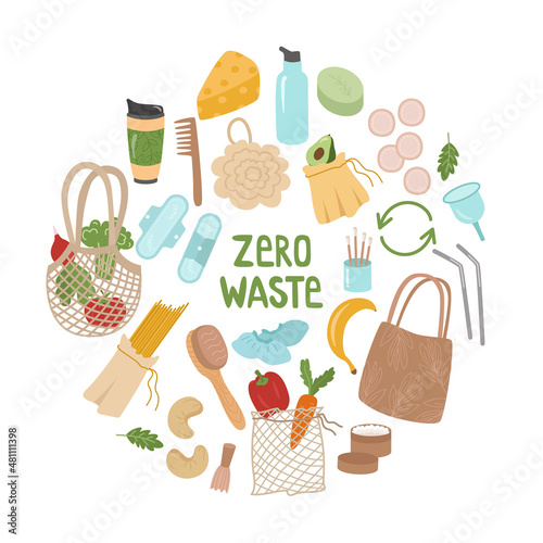 Zero waste is a set of elements for the concept of reusable items and recycling. Eco-bags for food, vegetables, washcloth, water bottle, bags, thermocup, shoe covers. Vector illustration.