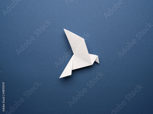 White origami pigeon on a blue paper background, peace or freedom concept