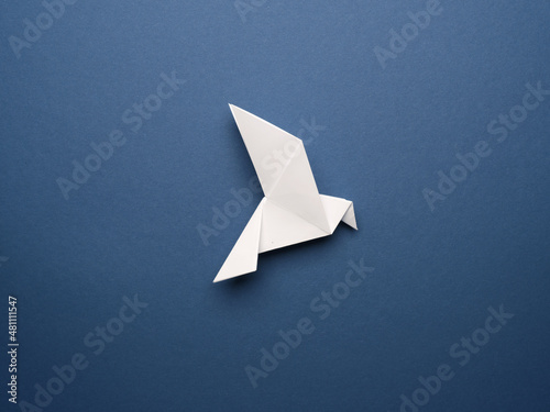 Fotografie White origami pigeon on a blue paper background, peace or freedom concept