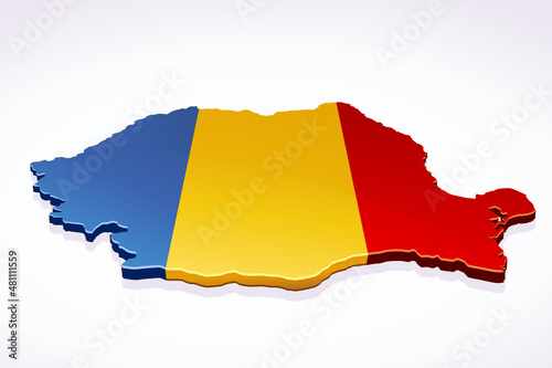 3D map of Romania in the colors of the Romanian flag on a white background