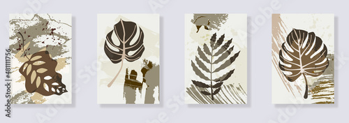 Trendy set of minimalist tropical leaves and abstract forms. Minimal botanical wall art. Mid century modern graphic. Plant art design for social media, blog post, print, cover, wallpaper. Vector