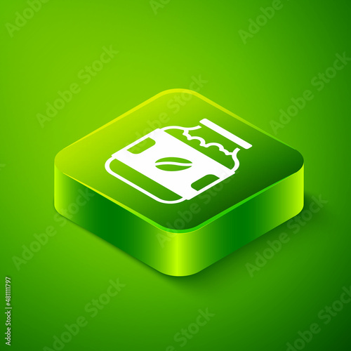 Isometric Coffee jar bottle icon isolated on green background. Green square button. Vector