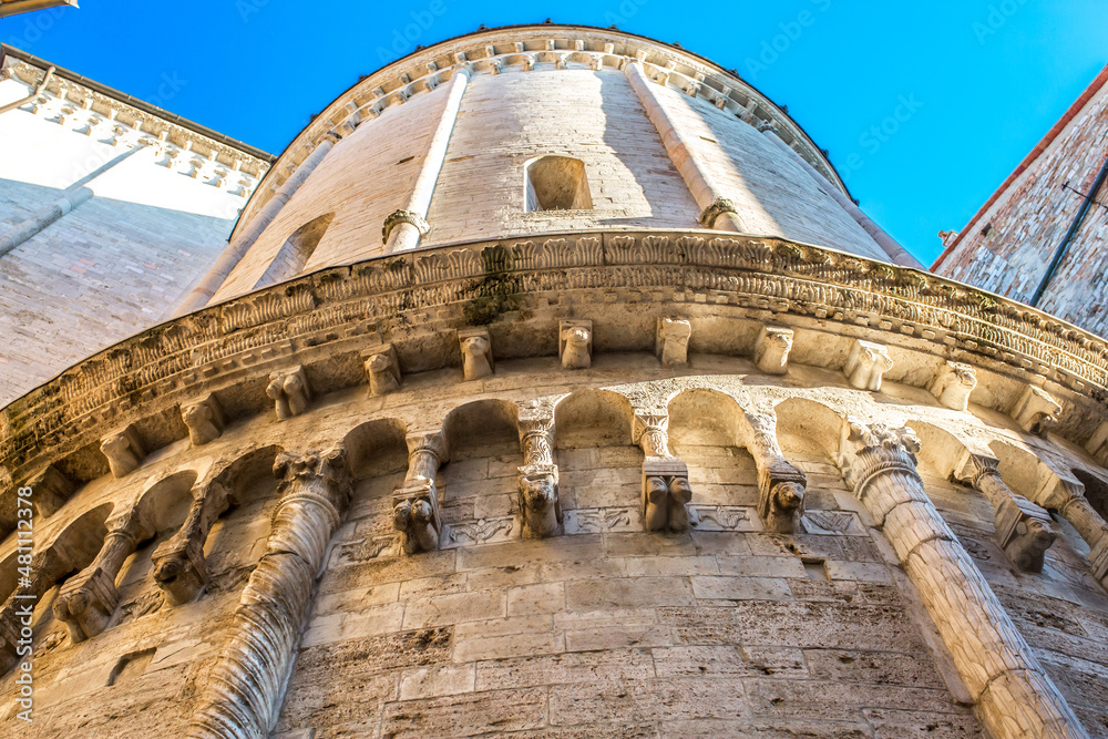 Fortress stone tower beautiful view of the historic city. Medieval city of Todi on the hill Italy, travel tourism. Medieval antique architecture.