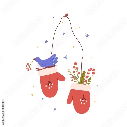 Warm winter mittens hanging on string with bird in nest and Christmas candycane and berries. Cozy childish gloves and snowflakes composition. Flat vector illustration isolated on white background