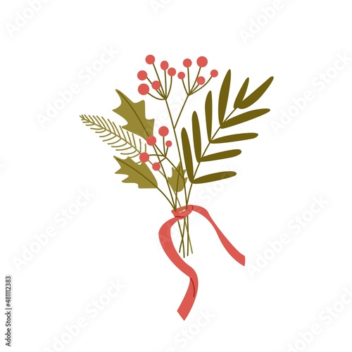 Red berries and leaf branches tied with ribbon. Delicate winter posy with leaves and mistletoe. Pretty gentle bouquet with rowans. Flat vector illustration isolated on white background