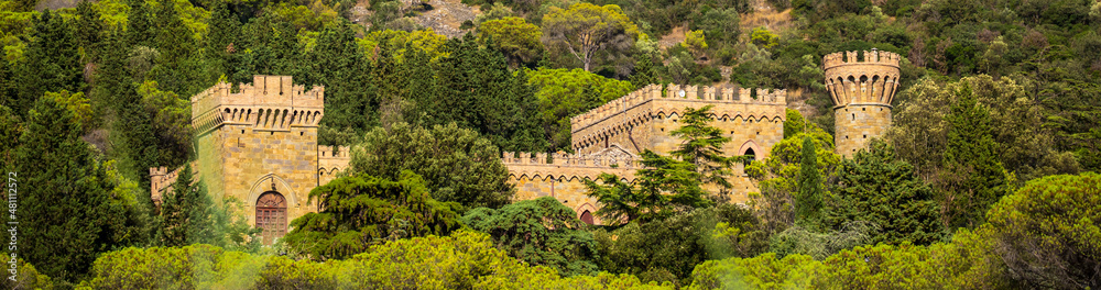 Fototapeta premium Medieval town Todi on the hill Italy, tourist tourism. Ancient cities of Europe, beautiful landscape panoramic view. Fortifications of medieval Italy.