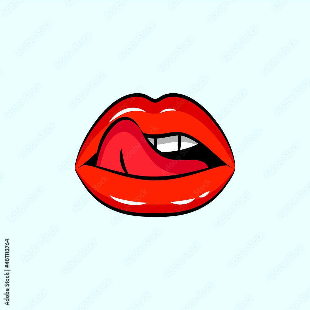 Obraz premium Female licking sexy red lips, mouth with tongue