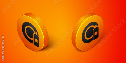 Isometric Dishwashing liquid bottle and plate icon isolated on orange background. Liquid detergent for washing dishes. Orange circle button. Vector