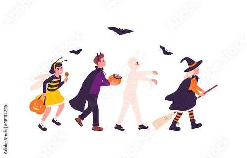 Kids in Halloween carnival costumes. Children disguised in witch, mummy and dracula for fall party. Boys and girls walking with pumpkin and broom. Flat vector illustration isolated on white background