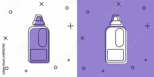Set Plastic bottle for laundry detergent, bleach, dishwashing liquid or another cleaning agent icon isolated on white and purple background. Vector