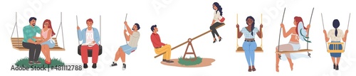 Happy adults, male female characters swinging on playground swings, vector isolated illustration. Summer outdoor leisure