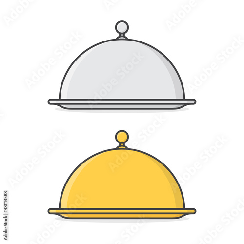 Restaurant Cloche Vector Icon Illustration. Golden And Silver Cloche Flat Icon