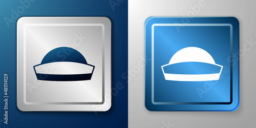White Sailor hat icon isolated on blue and grey background. Silver and blue square button. Vector