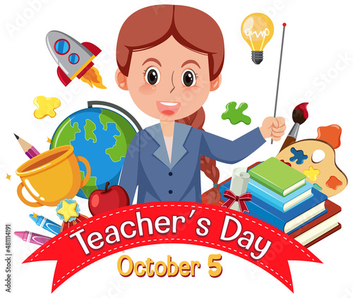 Teacher's Day banner with a female teacher and school objects