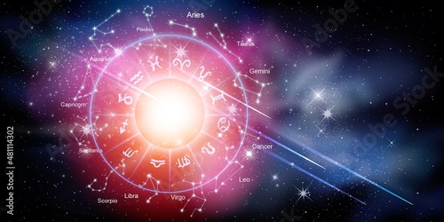 Zodiac signs inside of horoscope circle. Astrology in the sky with stars and moons  astrology and horoscopes concept photo