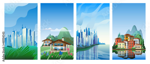 A set of images of various landscapes in spring. A set of full-color vector vertical banners or cover.