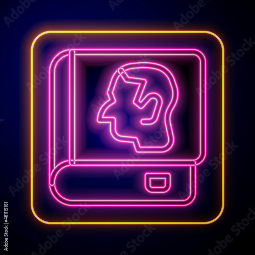 Glowing neon Law book icon isolated on black background. Legal judge book. Judgment concept. Vector