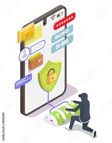 Password guessing hacking attack. Hacker stealing money, personal data from mobile device, vector isometric illustration