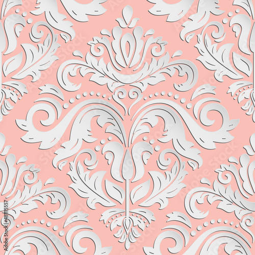 Seamless oriental ornament. Pink and white vector traditional oriental pattern with 3D elements, shadows and highlights