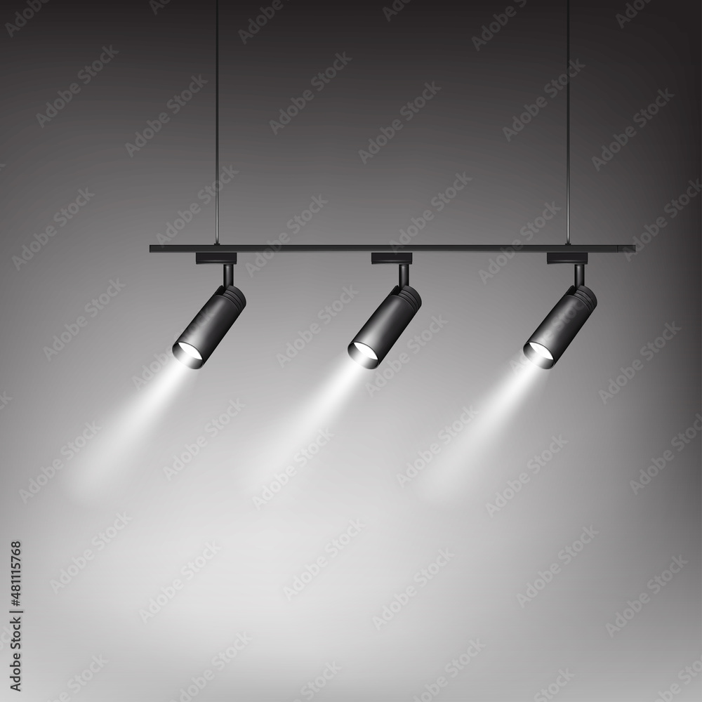 Modern track light. Hanging rotating spot light. Pendant interior  spotlight. Black metal lamp. Realistic vector illustration Stock Vector |  Adobe Stock