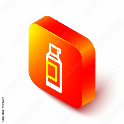 Isometric line Spray can for hairspray, deodorant, antiperspirant icon isolated on white background. Orange square button. Vector
