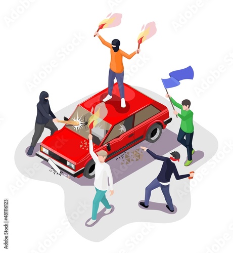 Crowd of hooligans damaging car with club, stones, vector isometric illustration. Civil unrest, disorder, street riot.