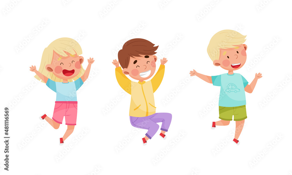 Smiling kids happily jumping set. Energetic boys and girls in motion cartoon vector illustration Smiling kids happily jumping set. Energetic boys and girls in motion cartoon vector illustration