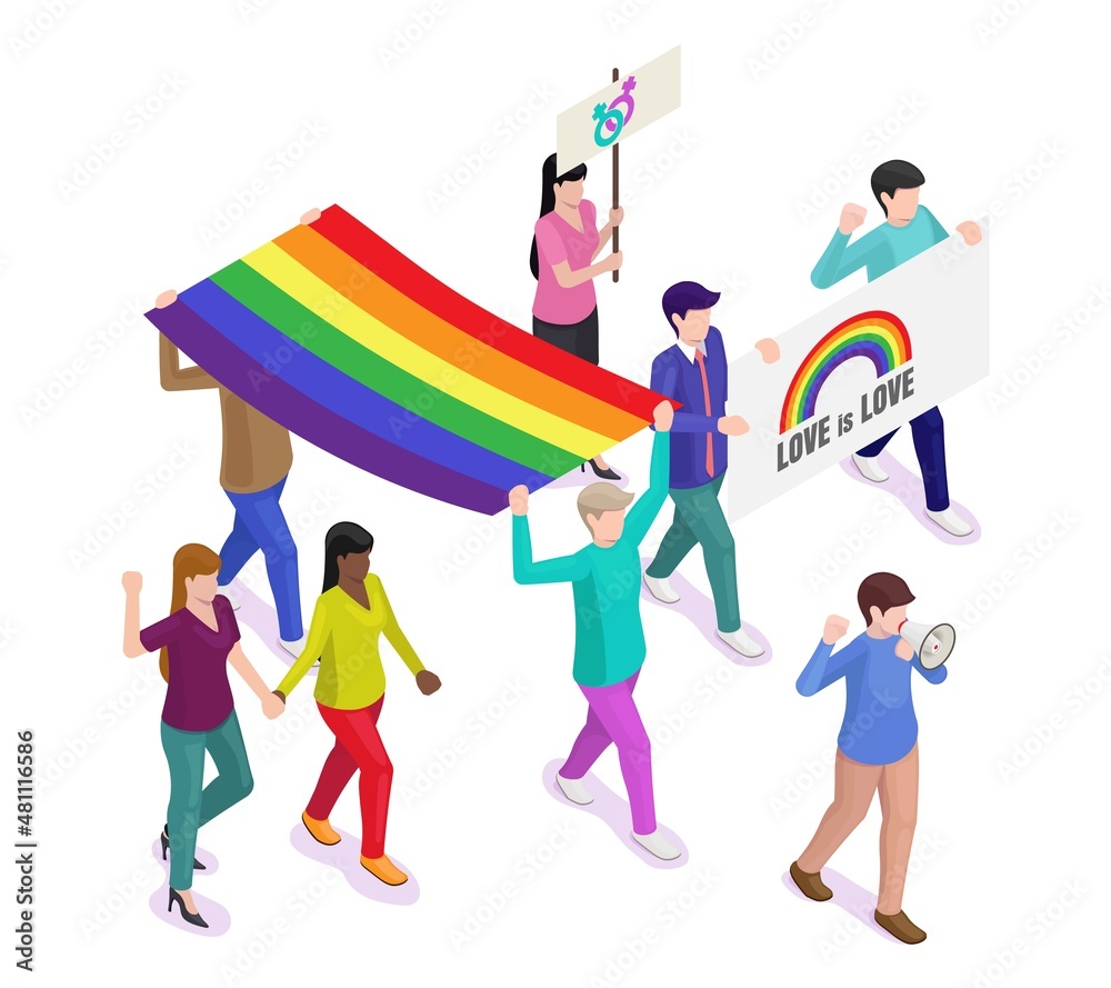 Lgbt Pride Parade Vector Isometric Illustration People Holding Rainbow Flag Pride March