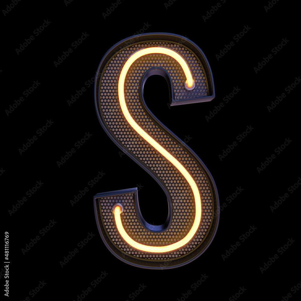 Neon retro Light Alphabet letter S isolated on a black background with Clipping Path. 3d illustration. Neon retro Light Alphabet letter S isolated on a black background with Clipping Path. 3d illustration.