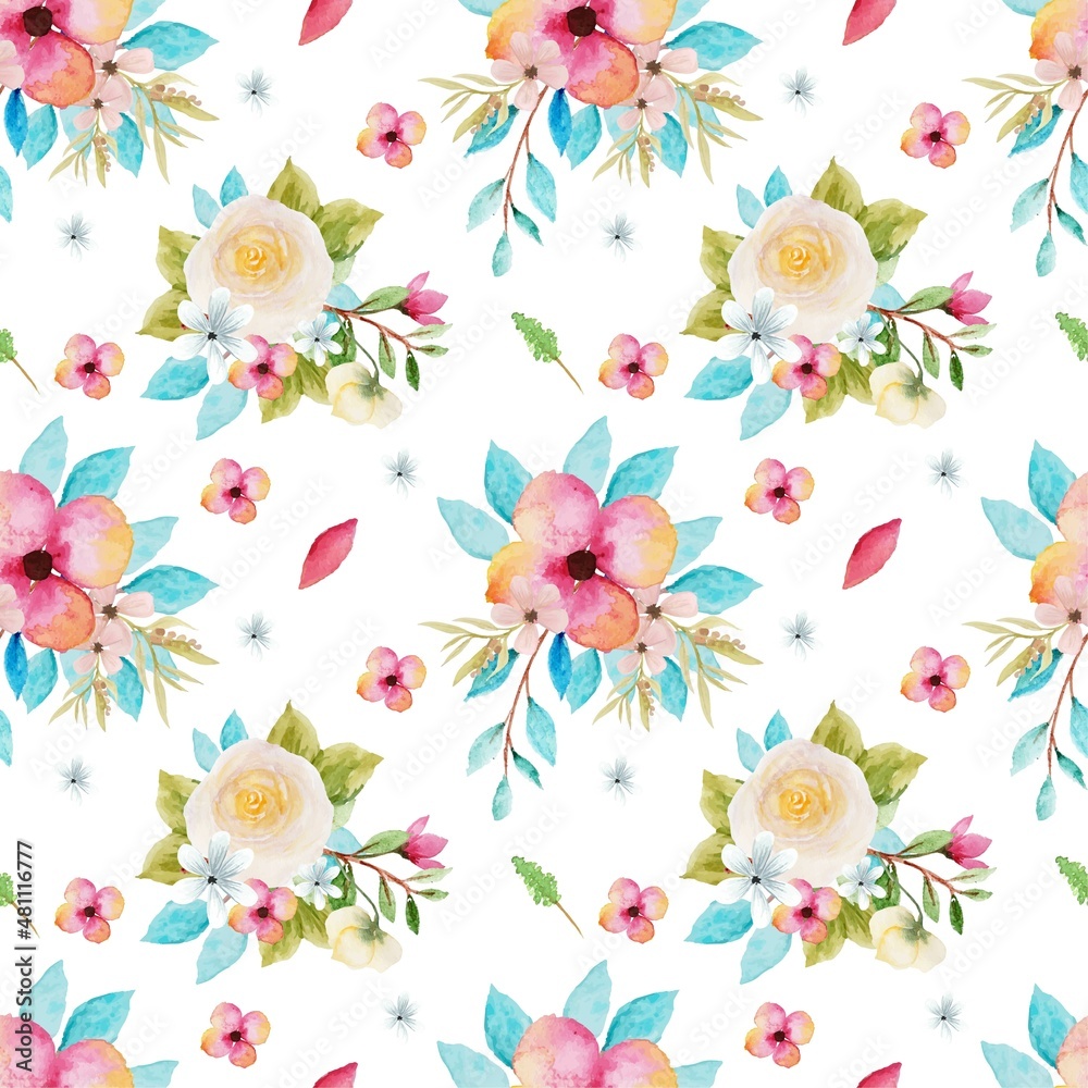 Watercolor Seamless Floral Pattern with Colorful Flowers