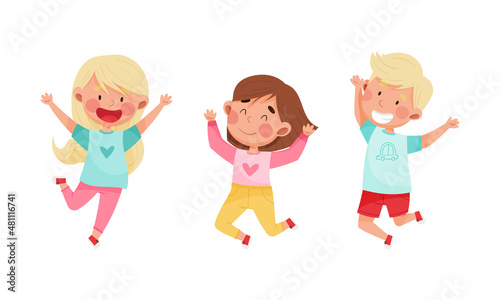 Happy little children having fun and jumping in fine mood cartoon vector illustration