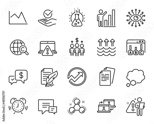 Vector set of Talk bubble, Meeting and Feather signature line icons set. Online warning, Line chart and Evaporation icons. Graph chart, Outsource work and Comment signs. Talk bubble web symbol. Vector photo