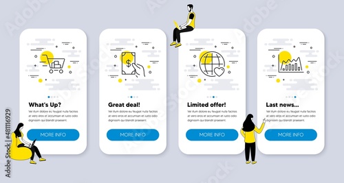 Vector Set of line icons related to Receive money, International love and Shopping cart icons. UI phone app screens with people. Infographic graph line symbols. Vector