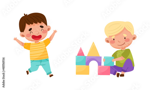 Cute happy little boys playing toys and having fun set cartoon vector illustration