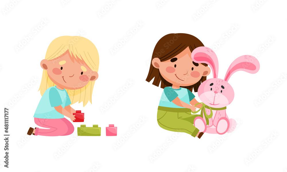 Cute little girls playing with toys set cartoon vector illustration Cute little girls playing with toys set cartoon vector illustration
